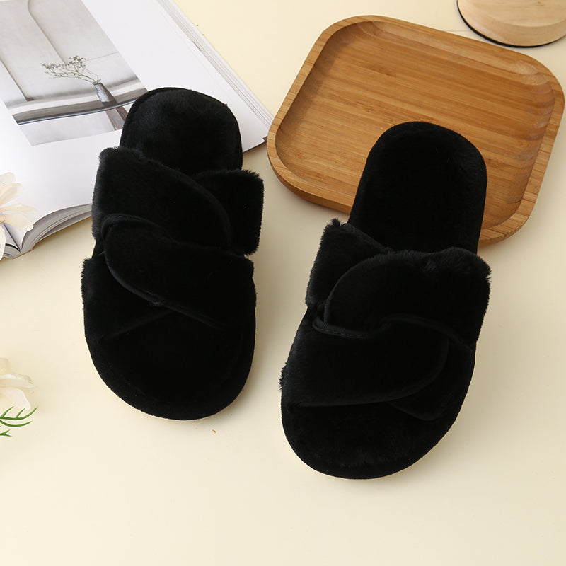 Faux Fur Twisted Strap Slippers