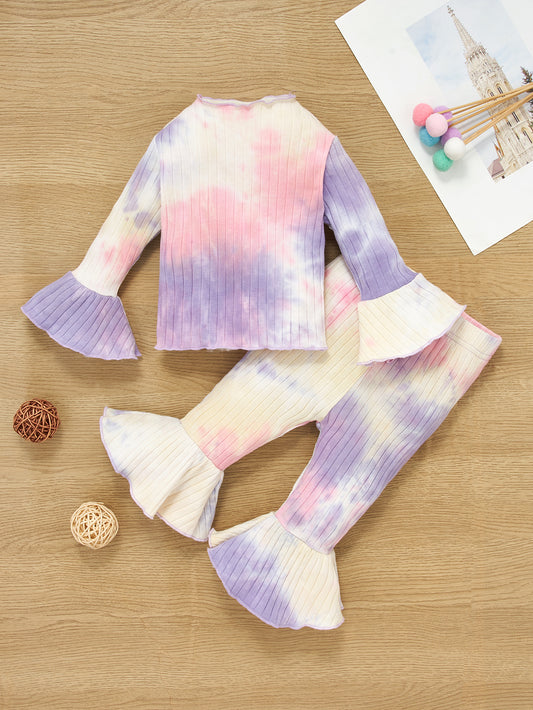 Baby Girl Tie-Dye Ribbed Bell Sleeve Top and Bell Bottoms Set