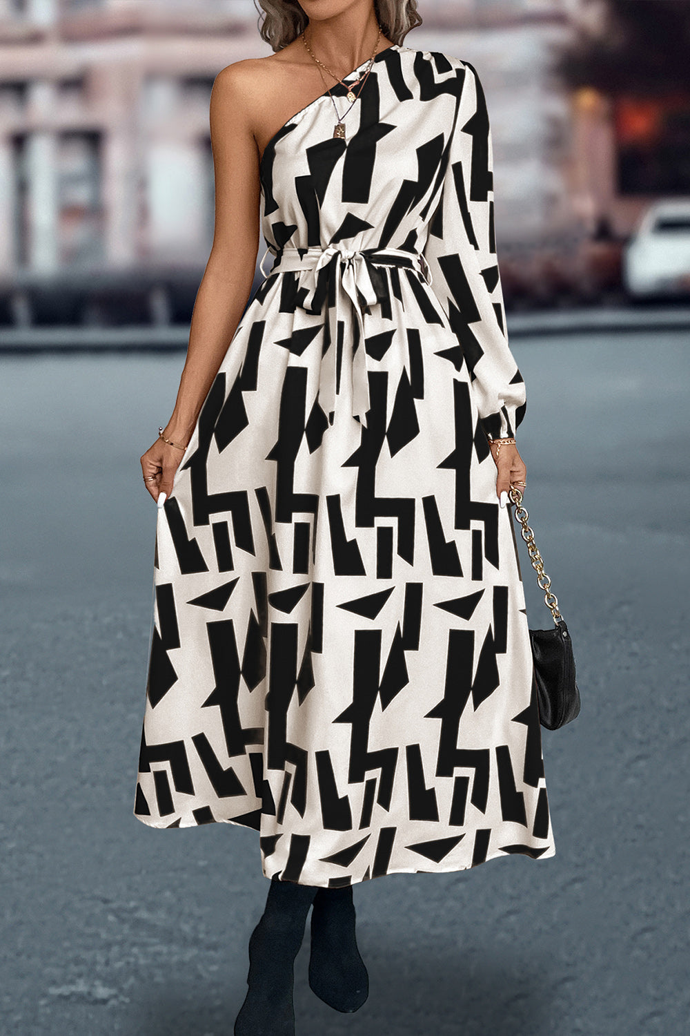 Printed One-Shoulder Tie Waist Dress