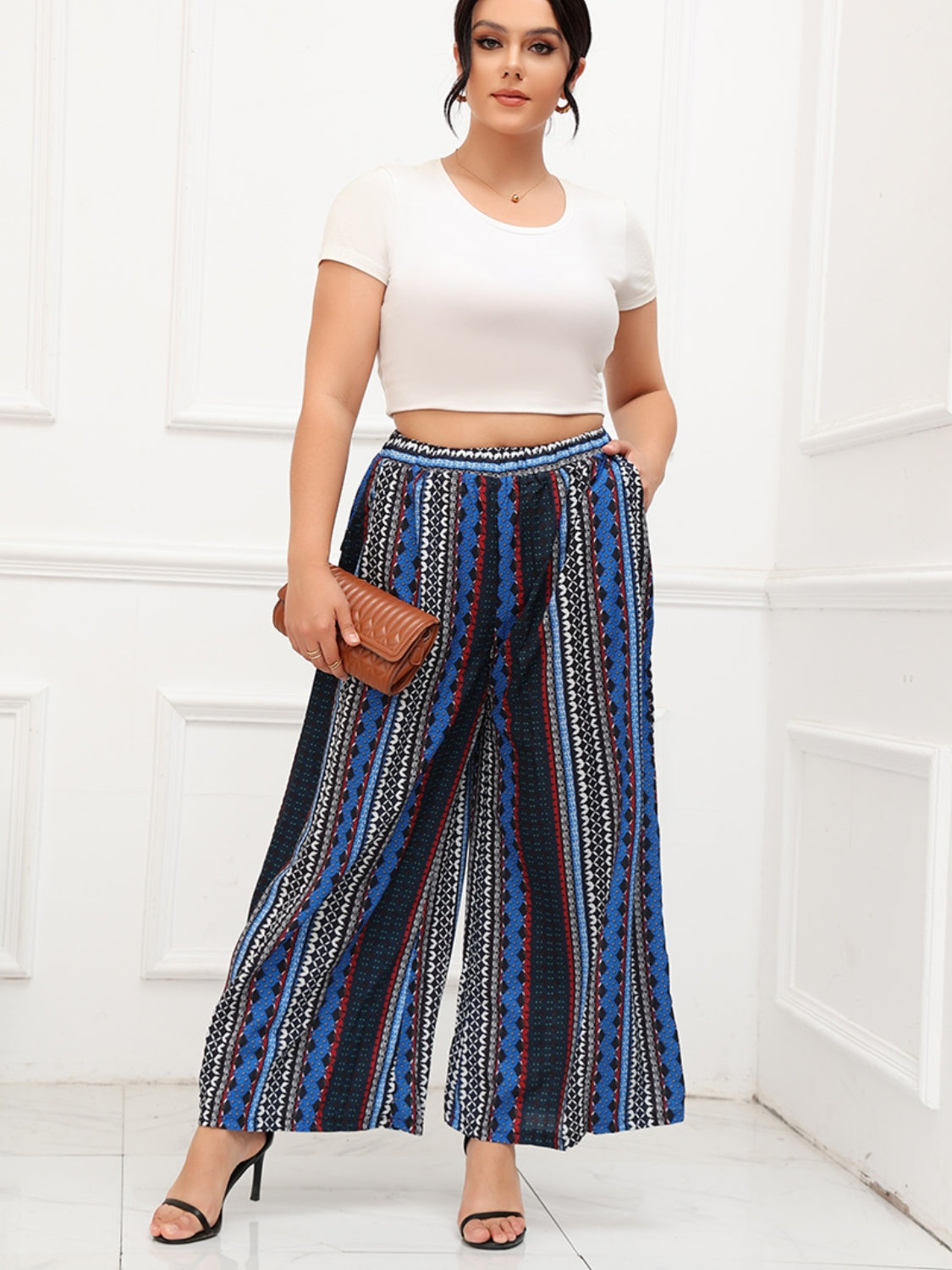 Plus Size Printed Wide Leg Pants with Pockets