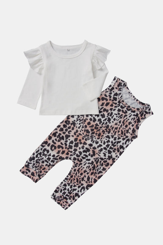 Baby Ruffle Sleeve T-Shirt and Leopard Jumpsuit Set